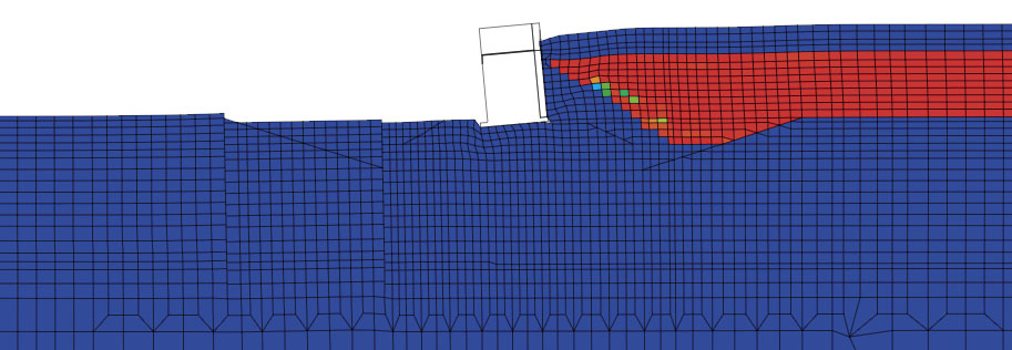 岸壁における変形図・過剰間隙水圧比分布図（赤いほど液状化）