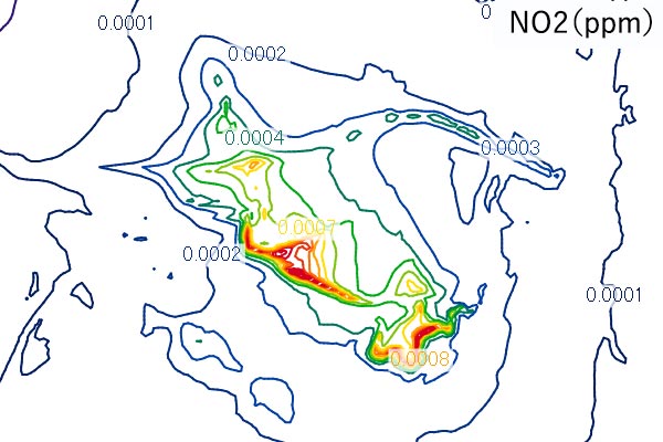 工場の稼働による大気拡散予測例（NO2）
